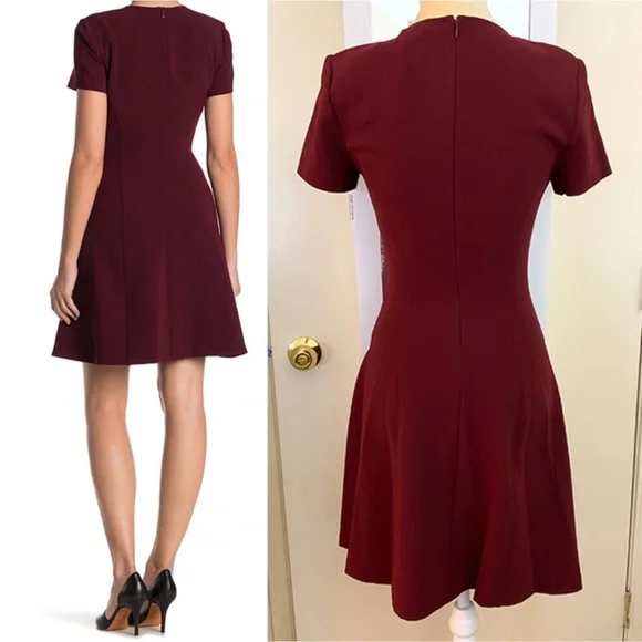 THEORY Modern Seamed Short Sleeve Jewel Neck Shift Dress in Deep Mulberry - Picture 3 of 14